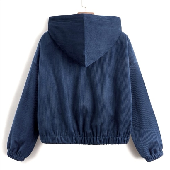 Navy Blue Cropped Drop Shoulder Drawstring Corduroy Jacket with Hood NWOT - Picture 2 of 16